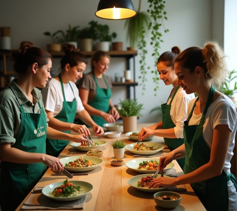 Grupo de personas cocinando y preparando ensaladas en una cocina luminosa.